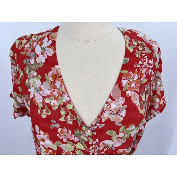 J. Jill Papaya Floral Ruffle Wrap Dress Size Medium Short Flutter Sleeves Lined - Picture 2 of 16